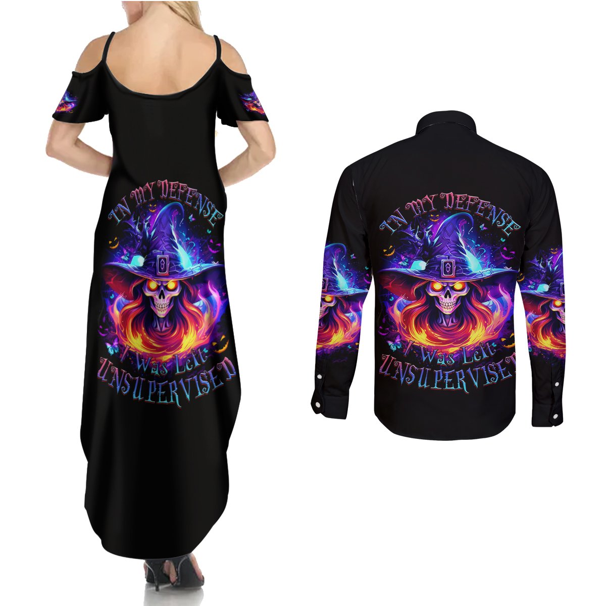 Fire Witch Skull Couples Matching Summer Maxi Dress and Long Sleeve Button Shirt In My Defense The Moon Was Full And I Was Left Unsupervided - Wonder Print Shop