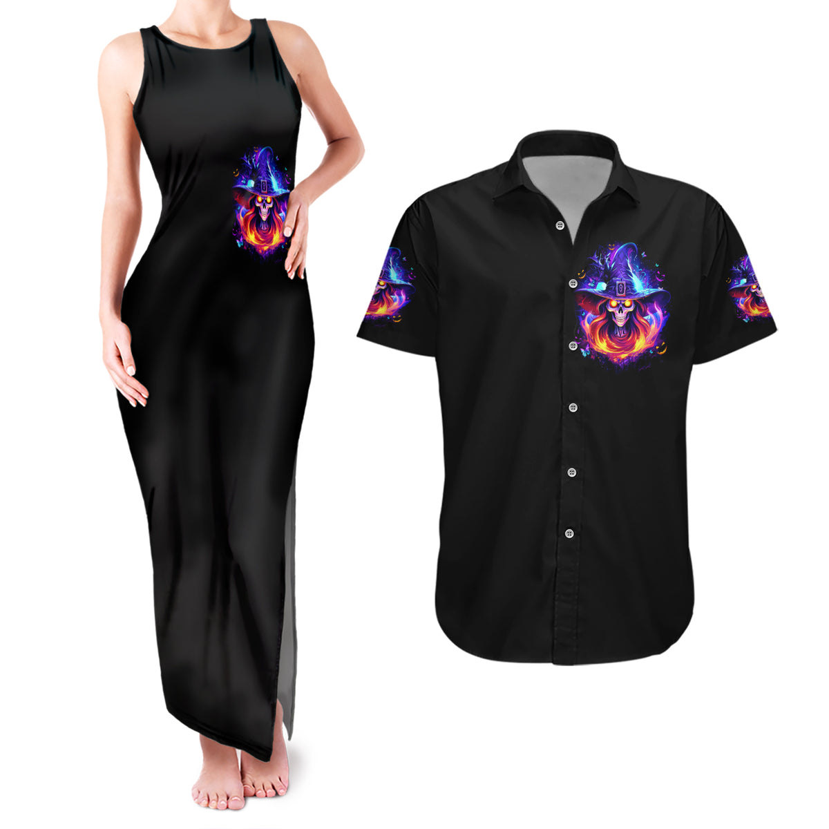 Fire Witch Skull Couples Matching Tank Maxi Dress and Hawaiian Shirt In My Defense The Moon Was Full And I Was Left Unsupervided - Wonder Print Shop