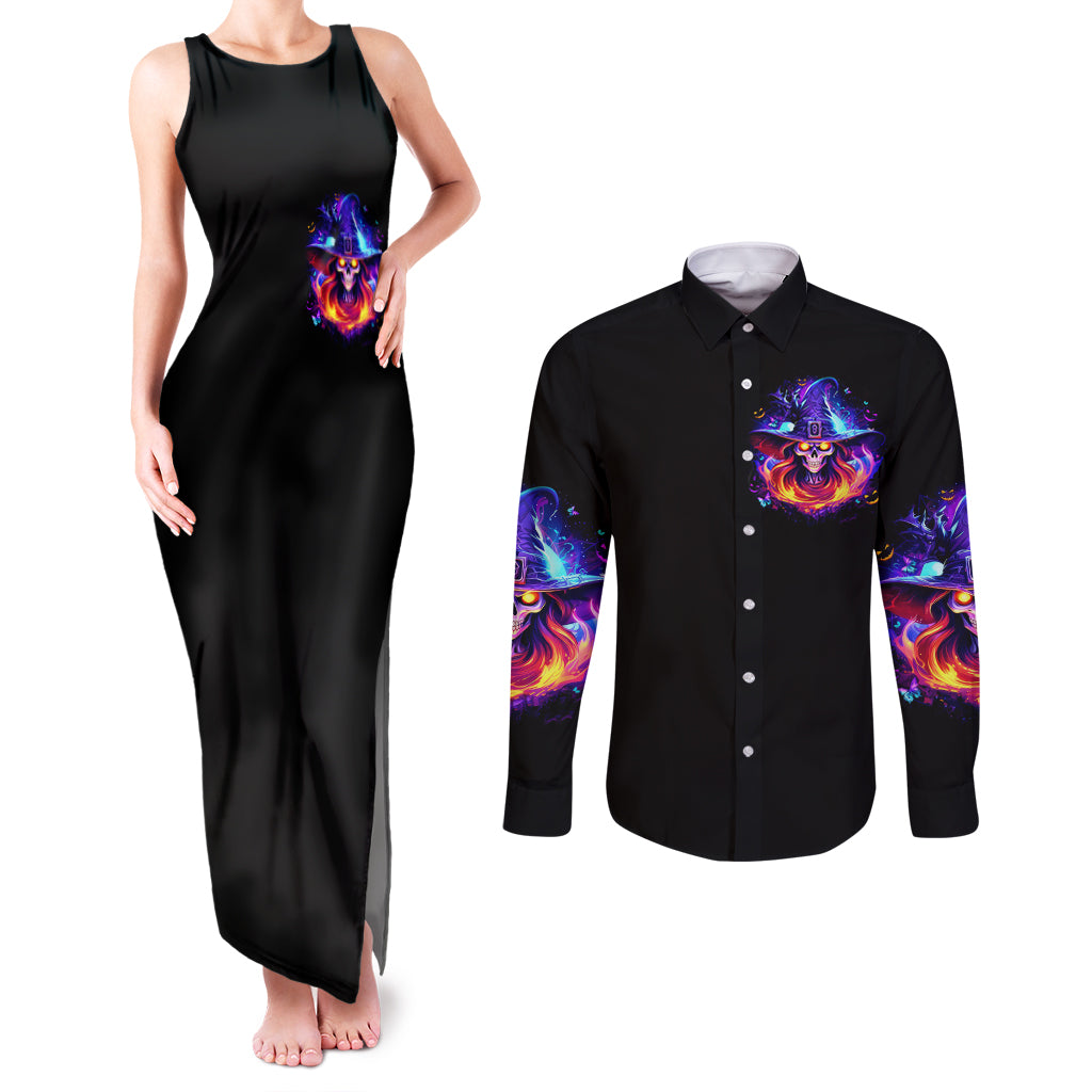 Fire Witch Skull Couples Matching Tank Maxi Dress and Long Sleeve Button Shirt In My Defense The Moon Was Full And I Was Left Unsupervided - Wonder Print Shop