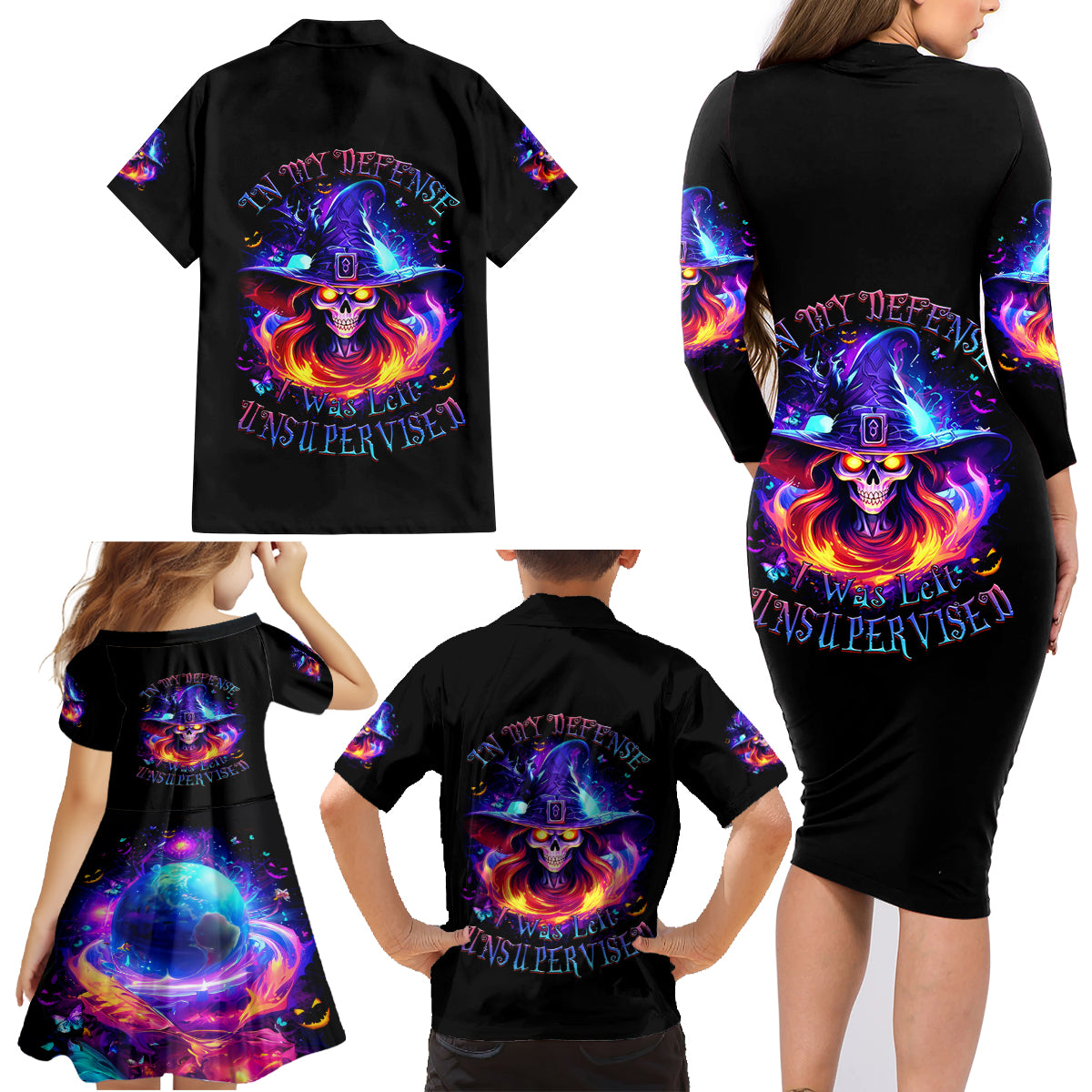 Fire Witch Skull Family Matching Long Sleeve Bodycon Dress and Hawaiian Shirt In My Defense The Moon Was Full And I Was Left Unsupervided - Wonder Print Shop