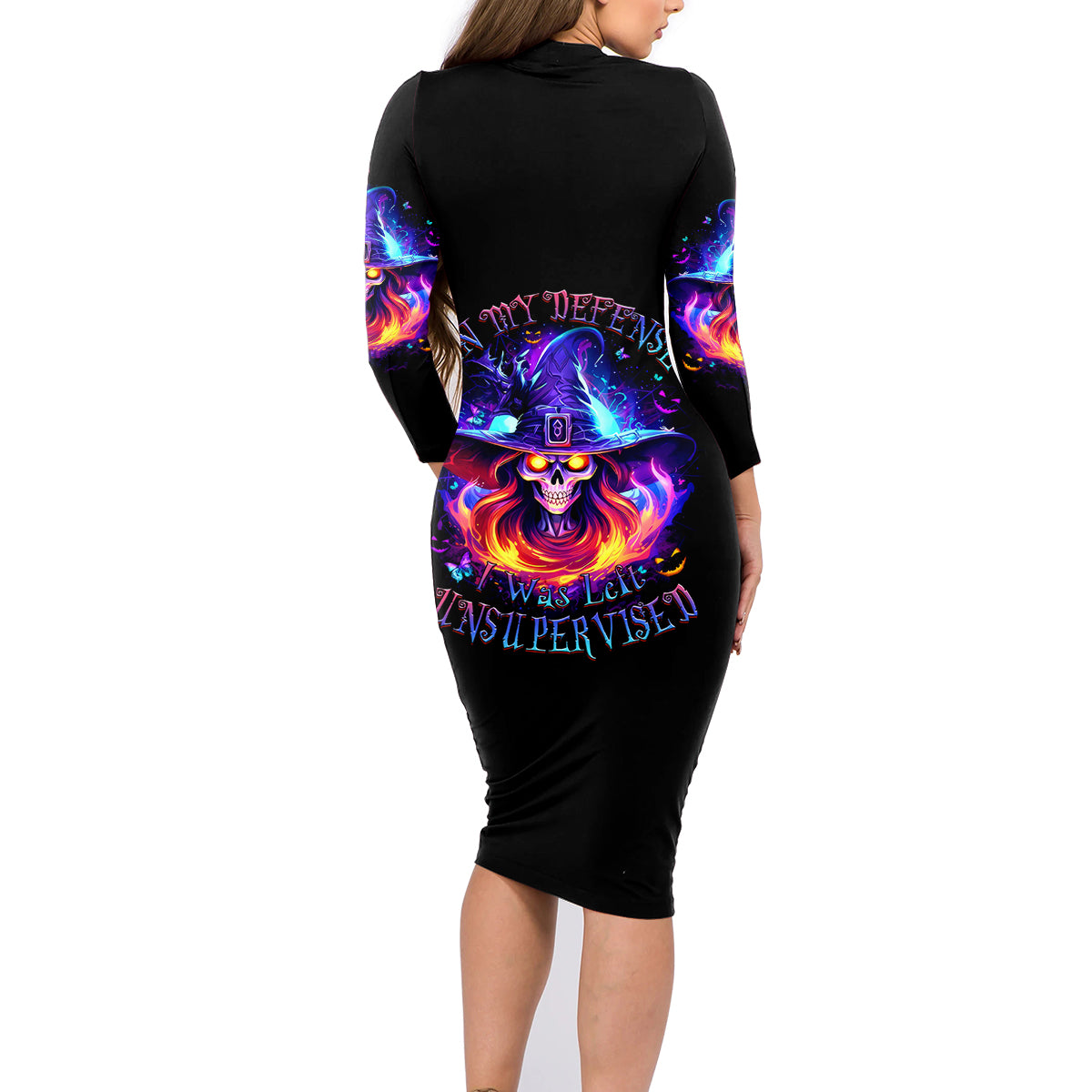 Fire Witch Skull Family Matching Long Sleeve Bodycon Dress and Hawaiian Shirt In My Defense The Moon Was Full And I Was Left Unsupervided - Wonder Print Shop