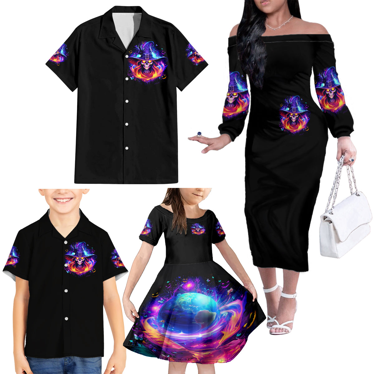 Fire Witch Skull Family Matching Off Shoulder Long Sleeve Dress and Hawaiian Shirt In My Defense The Moon Was Full And I Was Left Unsupervided - Wonder Print Shop