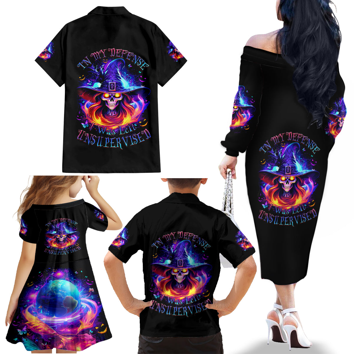 Fire Witch Skull Family Matching Off Shoulder Long Sleeve Dress and Hawaiian Shirt In My Defense The Moon Was Full And I Was Left Unsupervided - Wonder Print Shop