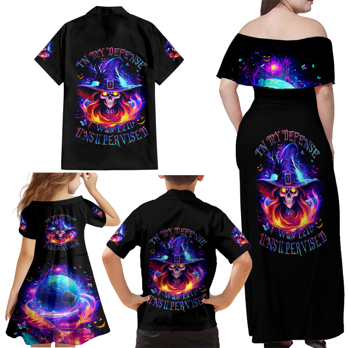 Fire Witch Skull Family Matching Off Shoulder Maxi Dress and Hawaiian Shirt In My Defense The Moon Was Full And I Was Left Unsupervided - Wonder Print Shop