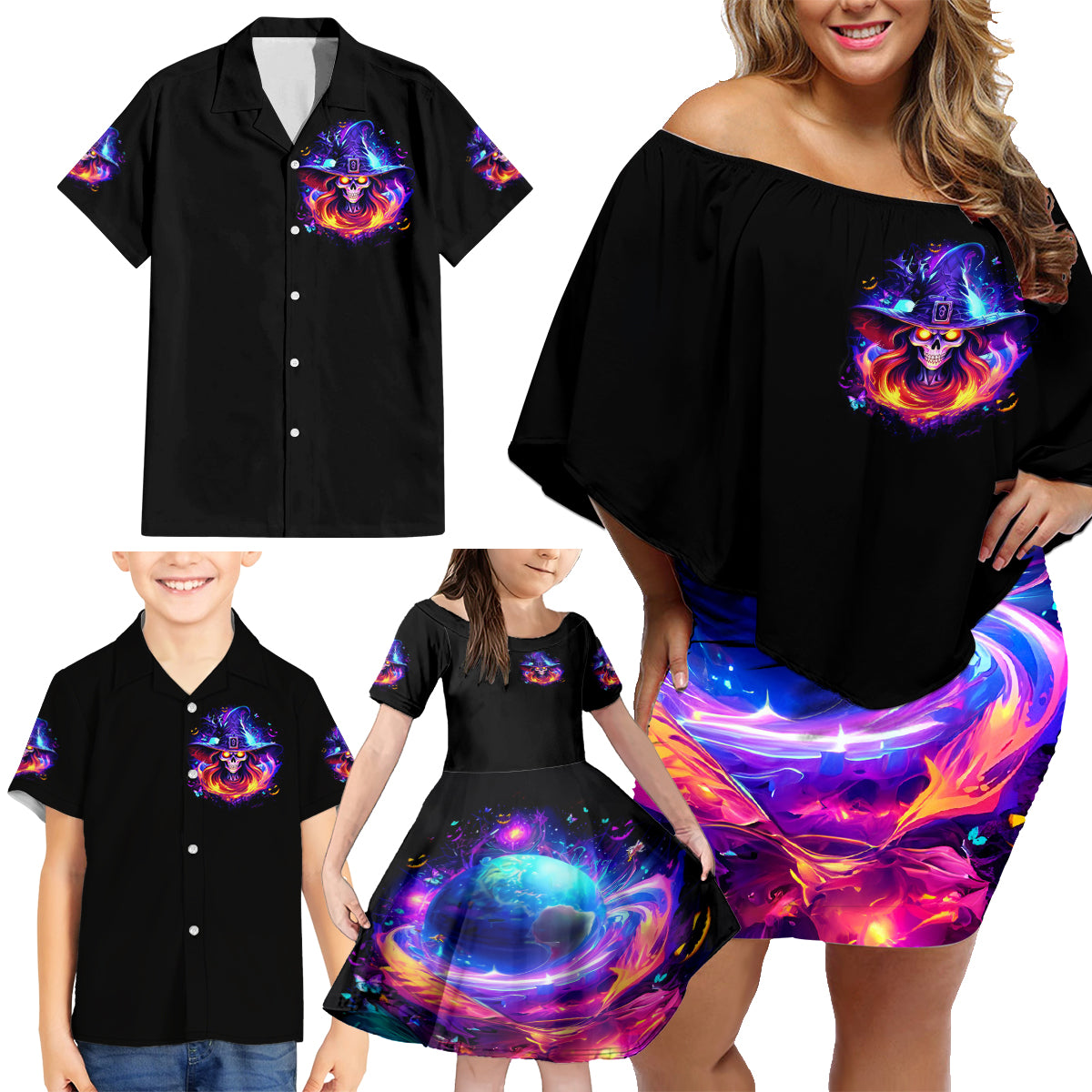 Fire Witch Skull Family Matching Off Shoulder Short Dress and Hawaiian Shirt In My Defense The Moon Was Full And I Was Left Unsupervided - Wonder Print Shop