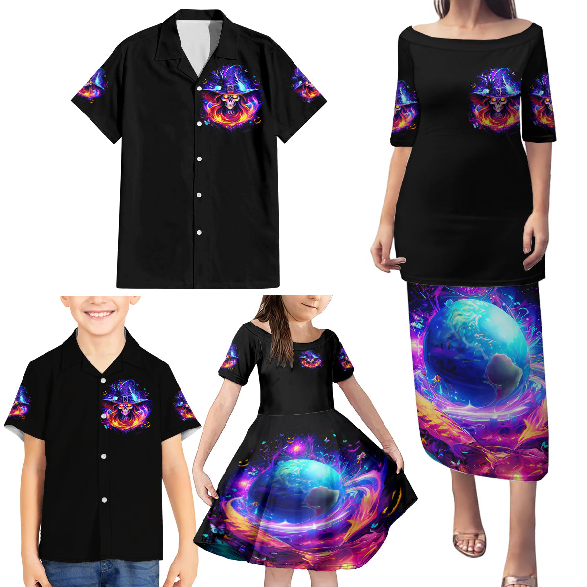 Fire Witch Skull Family Matching Puletasi Dress and Hawaiian Shirt In My Defense The Moon Was Full And I Was Left Unsupervided - Wonder Print Shop