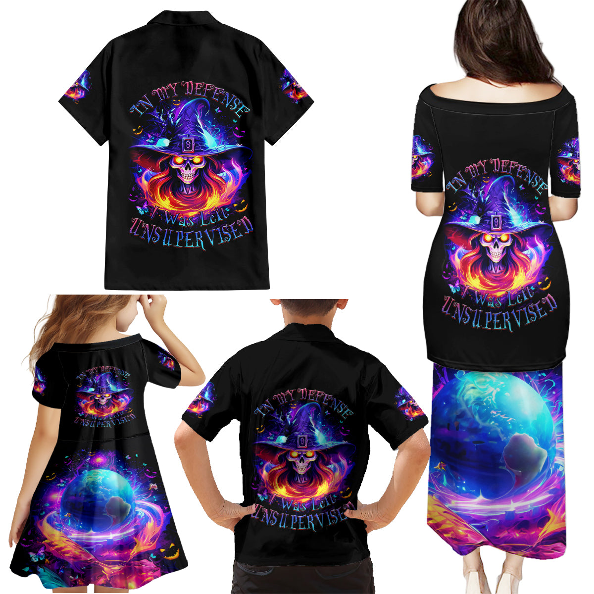 Fire Witch Skull Family Matching Puletasi Dress and Hawaiian Shirt In My Defense The Moon Was Full And I Was Left Unsupervided - Wonder Print Shop