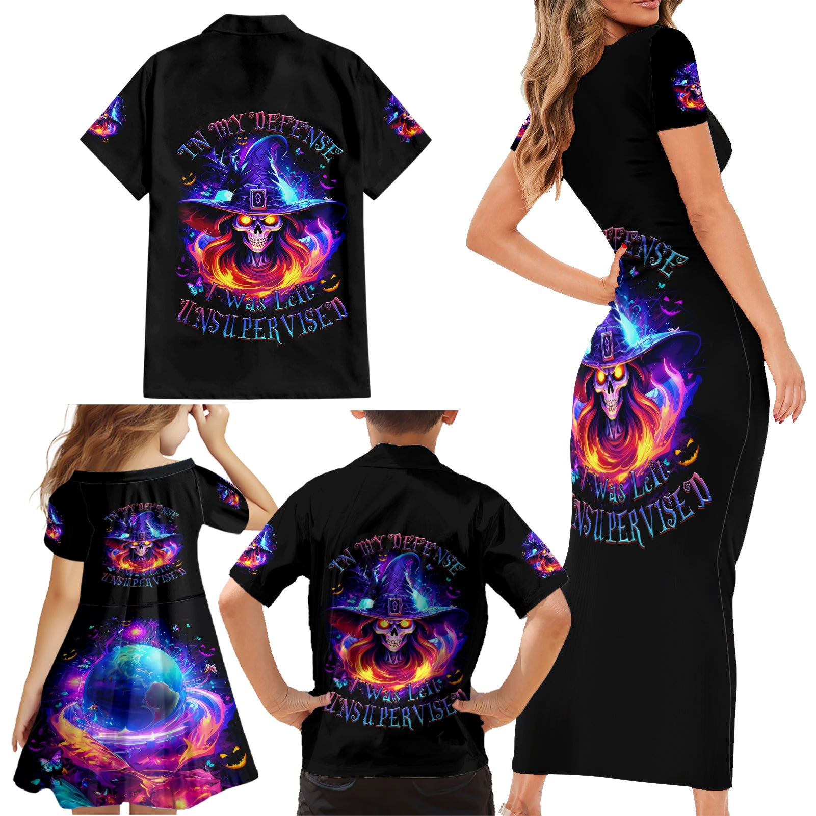 Fire Witch Skull Family Matching Short Sleeve Bodycon Dress and Hawaiian Shirt In My Defense The Moon Was Full And I Was Left Unsupervided - Wonder Print Shop