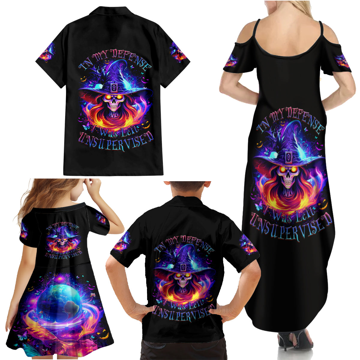 Fire Witch Skull Family Matching Summer Maxi Dress and Hawaiian Shirt In My Defense The Moon Was Full And I Was Left Unsupervided - Wonder Print Shop