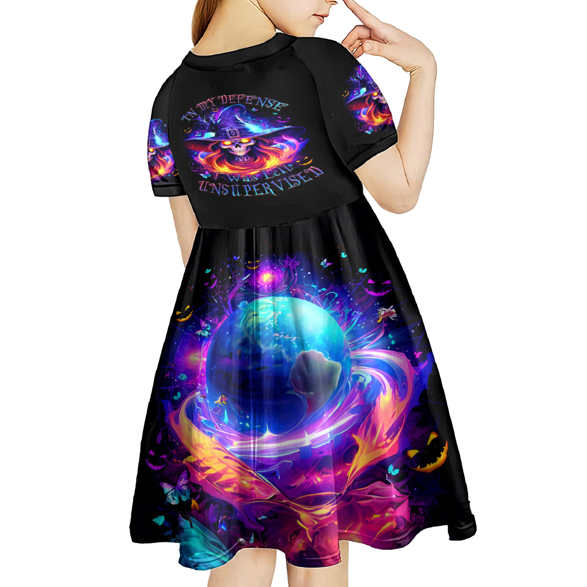 Fire Witch Skull Kid Short Sleeve Dress In My Defense The Moon Was Full And I Was Left Unsupervided - Wonder Print Shop