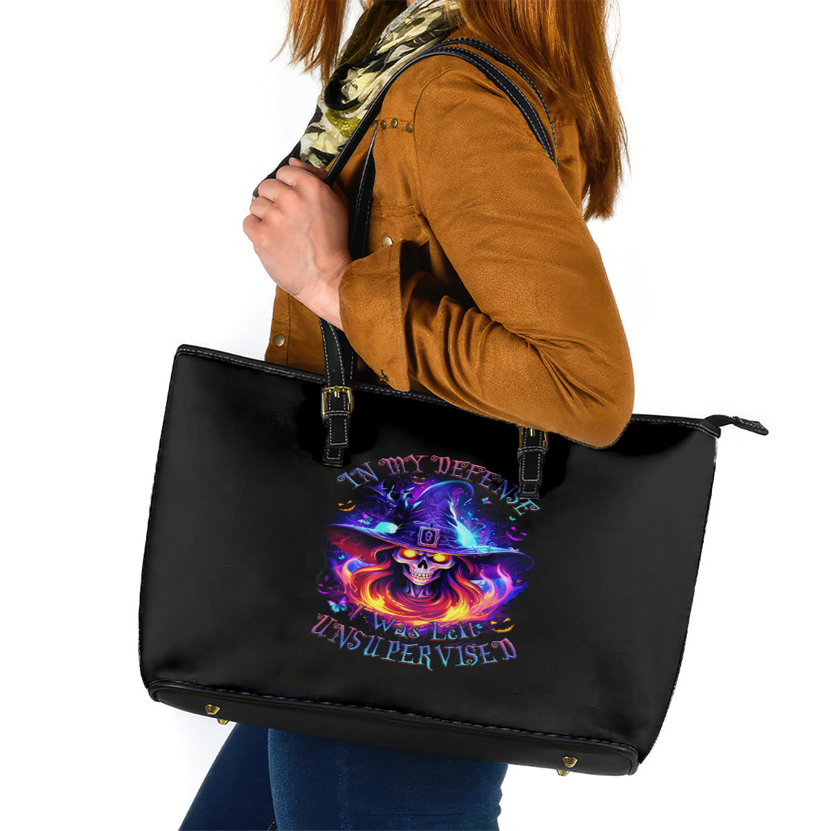 Fire Witch Skull Leather Tote Bag In My Defense The Moon Was Full And I Was Left Unsupervided - Wonder Print Shop