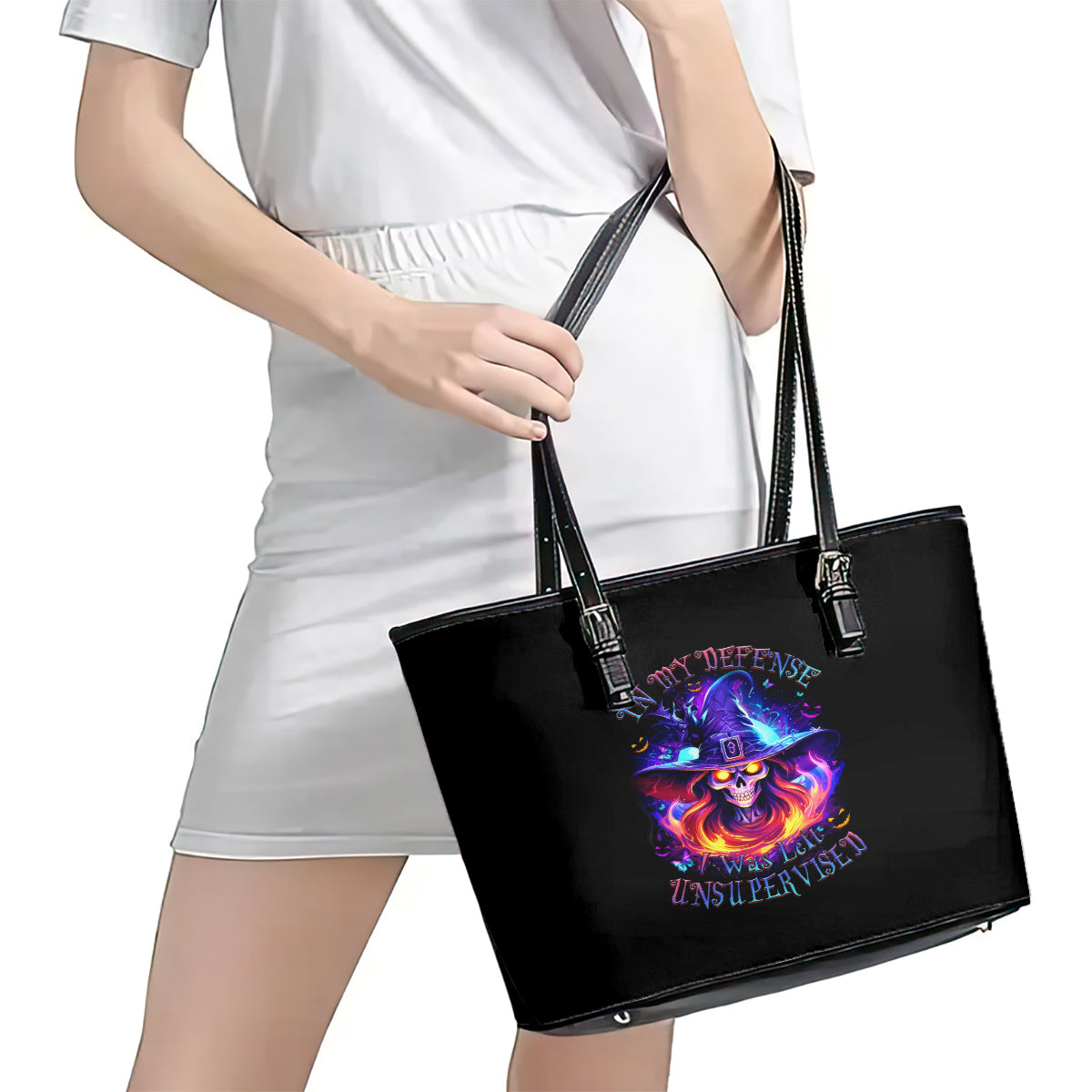 Fire Witch Skull Leather Tote Bag In My Defense The Moon Was Full And I Was Left Unsupervided - Wonder Print Shop