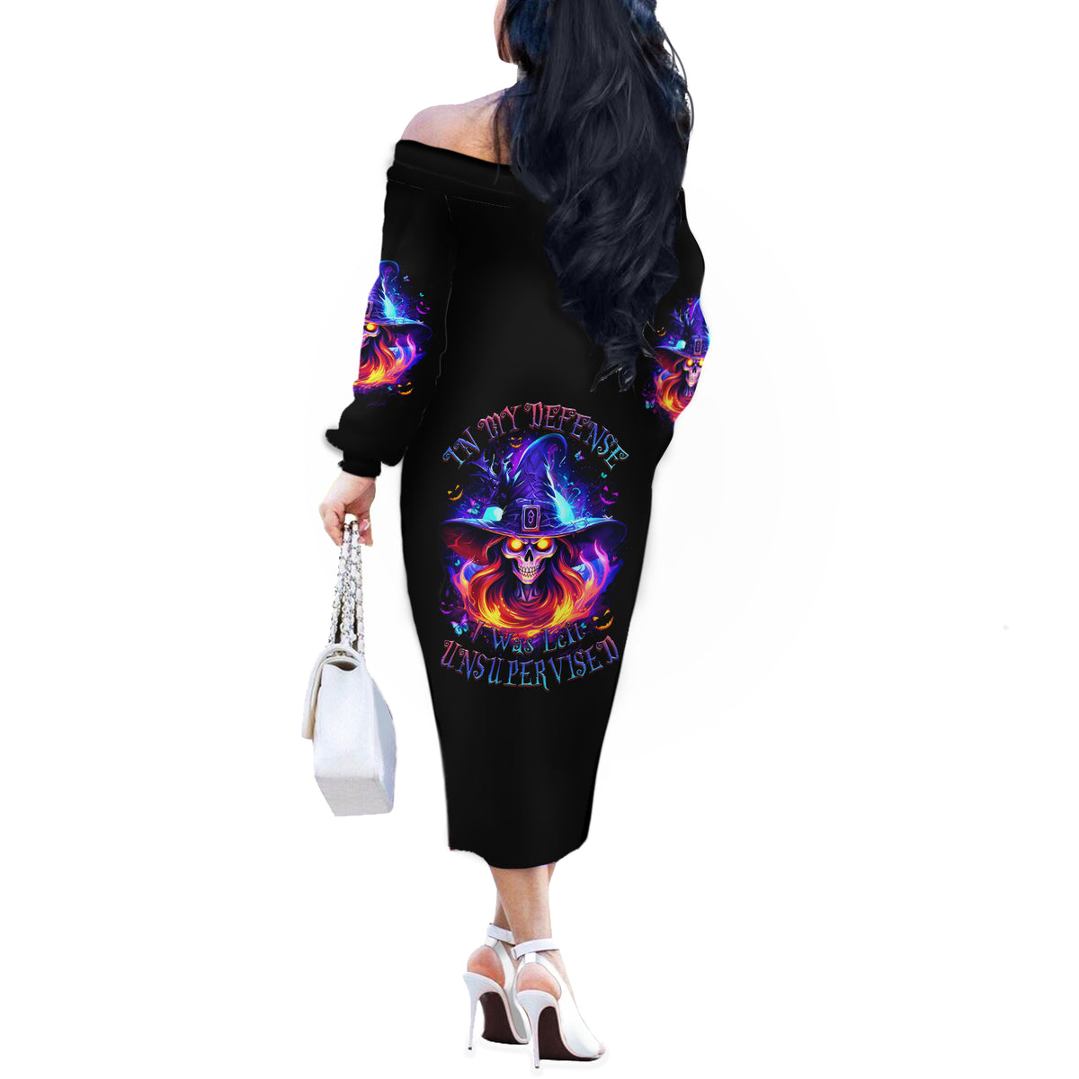 Fire Witch Skull Off The Shoulder Long Sleeve Dress In My Defense The Moon Was Full And I Was Left Unsupervided - Wonder Print Shop