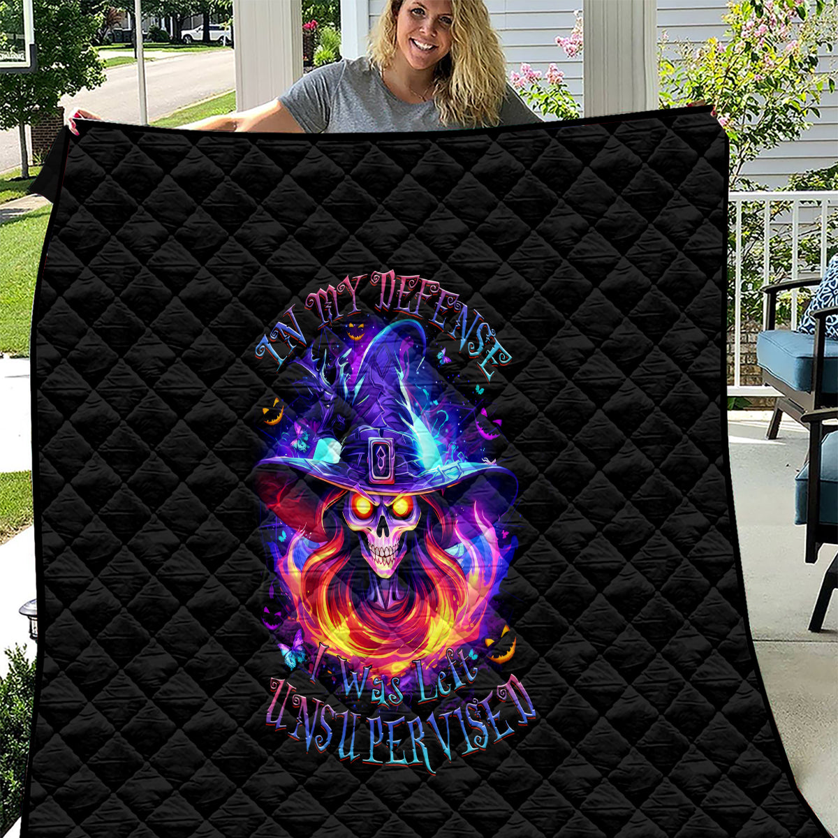 Fire Witch Skull Quilt In My Defense The Moon Was Full And I Was Left Unsupervided - Wonder Print Shop