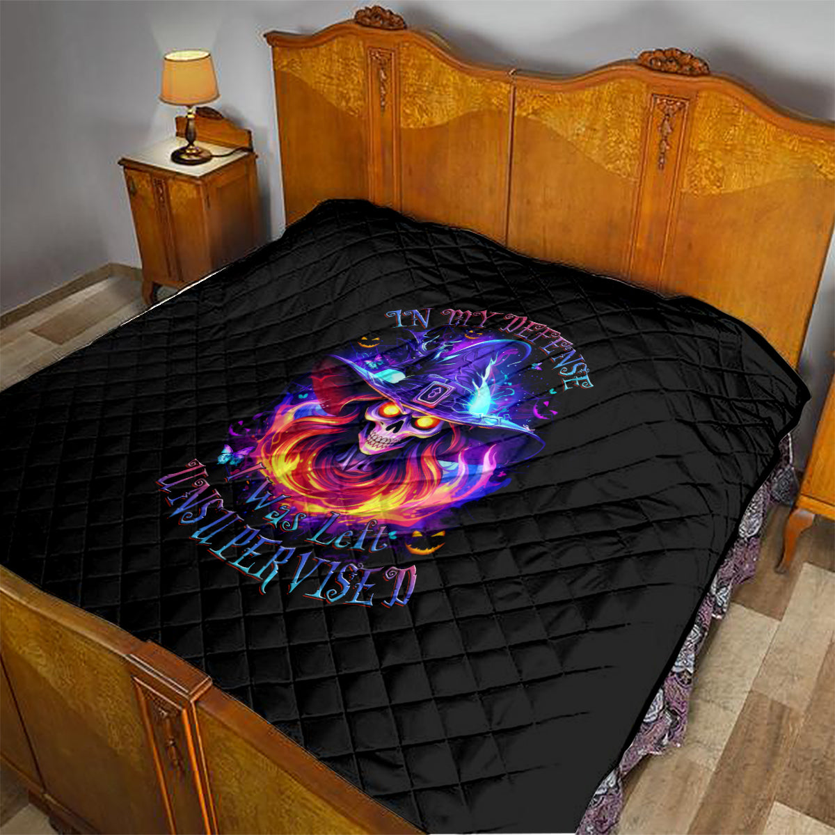 Fire Witch Skull Quilt In My Defense The Moon Was Full And I Was Left Unsupervided - Wonder Print Shop