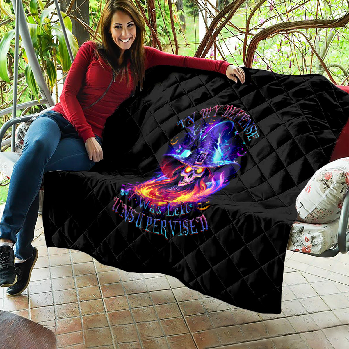 Fire Witch Skull Quilt In My Defense The Moon Was Full And I Was Left Unsupervided - Wonder Print Shop