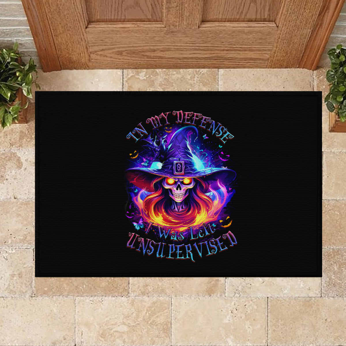 Fire Witch Skull Rubber Doormat In My Defense The Moon Was Full And I Was Left Unsupervided - Wonder Print Shop