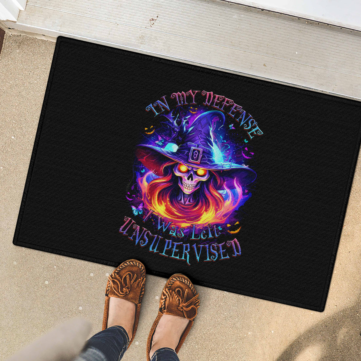 Fire Witch Skull Rubber Doormat In My Defense The Moon Was Full And I Was Left Unsupervided - Wonder Print Shop