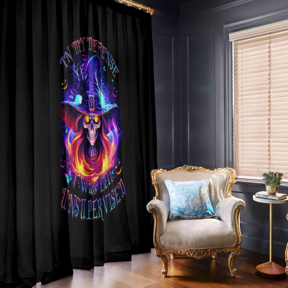 Fire Witch Skull Window Curtain In My Defense The Moon Was Full And I Was Left Unsupervided - Wonder Print Shop