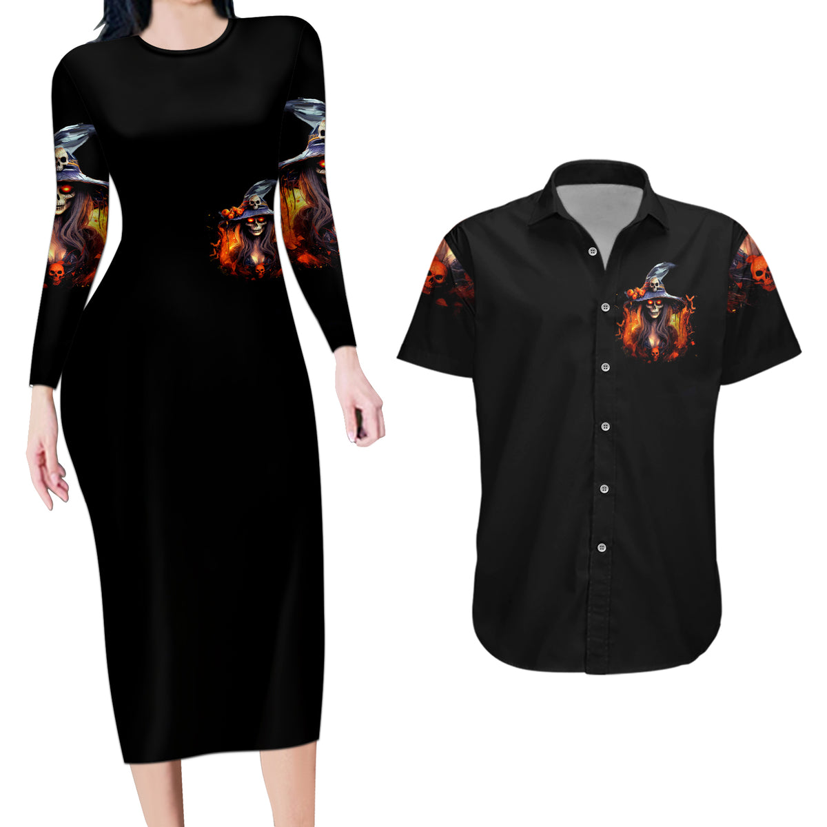 Witch Skull Couples Matching Long Sleeve Bodycon Dress and Hawaiian Shirt It's Hocus Pocus Time Witches - Wonder Print Shop