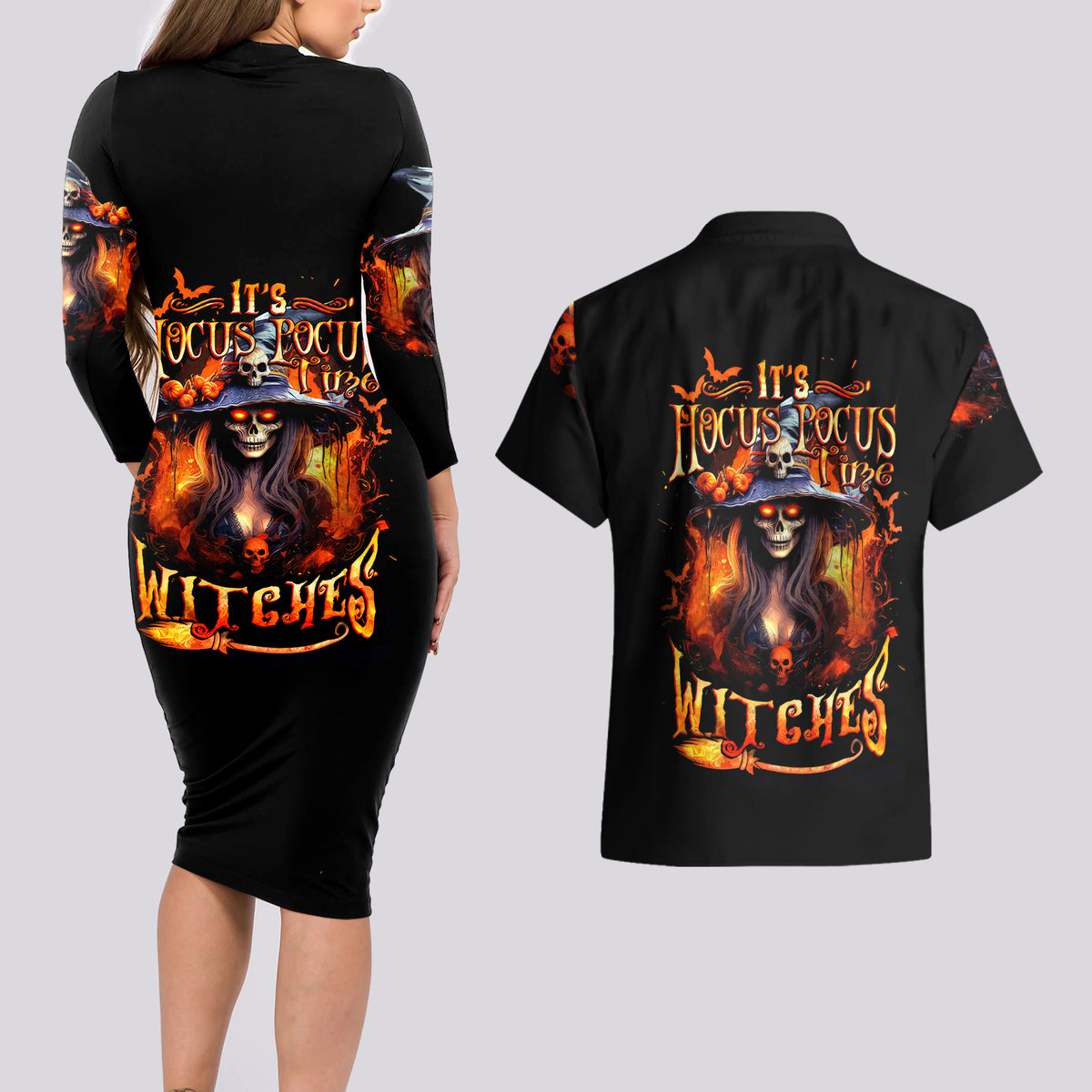 Witch Skull Couples Matching Long Sleeve Bodycon Dress and Hawaiian Shirt It's Hocus Pocus Time Witches - Wonder Print Shop