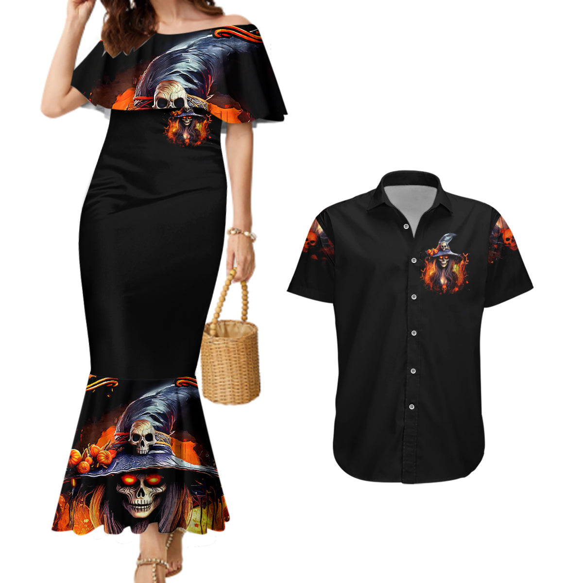 Witch Skull Couples Matching Mermaid Dress and Hawaiian Shirt It's Hocus Pocus Time Witches - Wonder Print Shop
