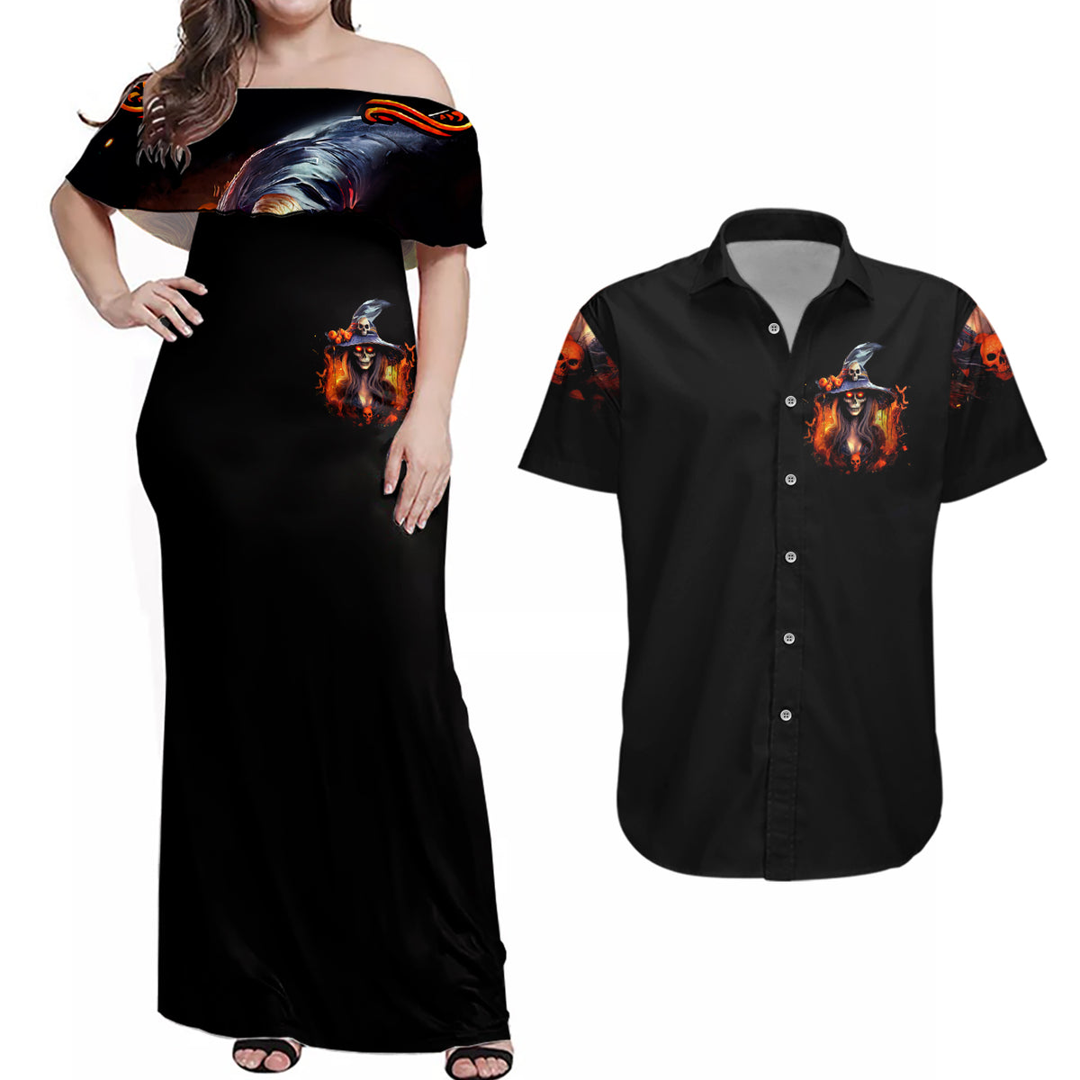 Witch Skull Couples Matching Off Shoulder Maxi Dress and Hawaiian Shirt It's Hocus Pocus Time Witches - Wonder Print Shop