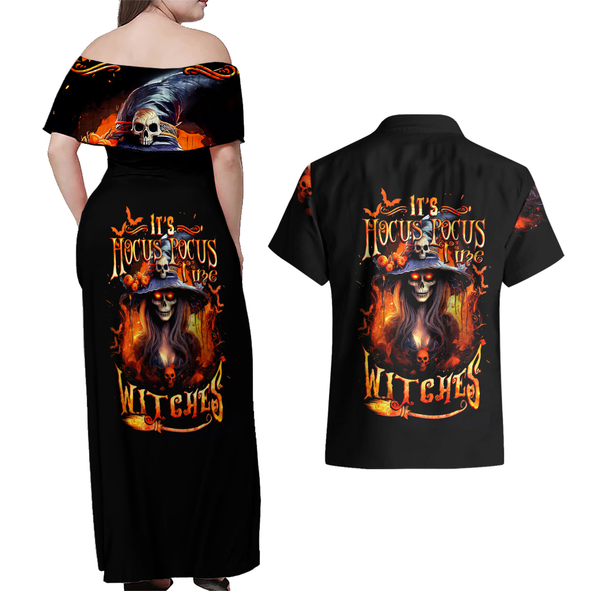 Witch Skull Couples Matching Off Shoulder Maxi Dress and Hawaiian Shirt It's Hocus Pocus Time Witches - Wonder Print Shop