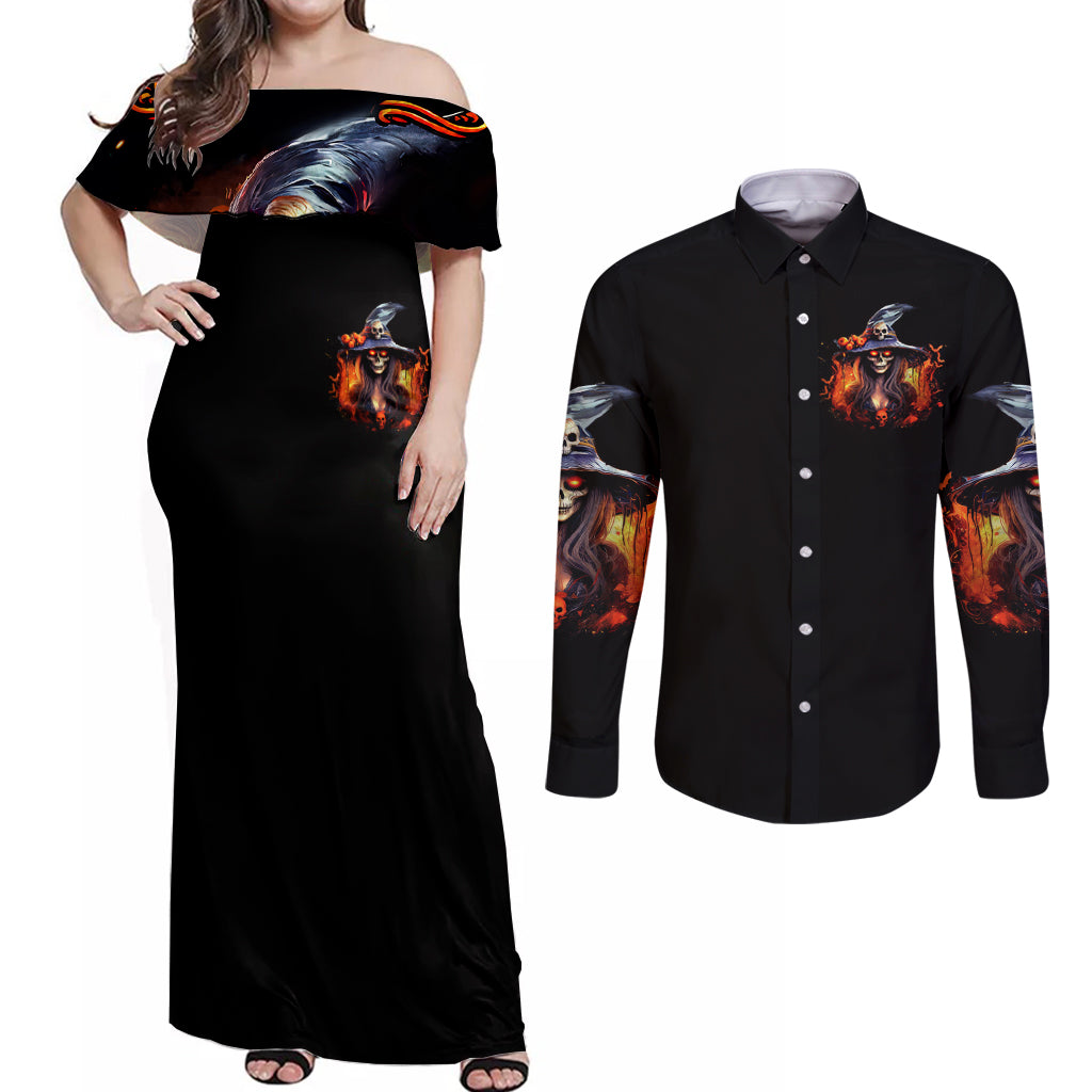Witch Skull Couples Matching Off Shoulder Maxi Dress and Long Sleeve Button Shirt It's Hocus Pocus Time Witches - Wonder Print Shop