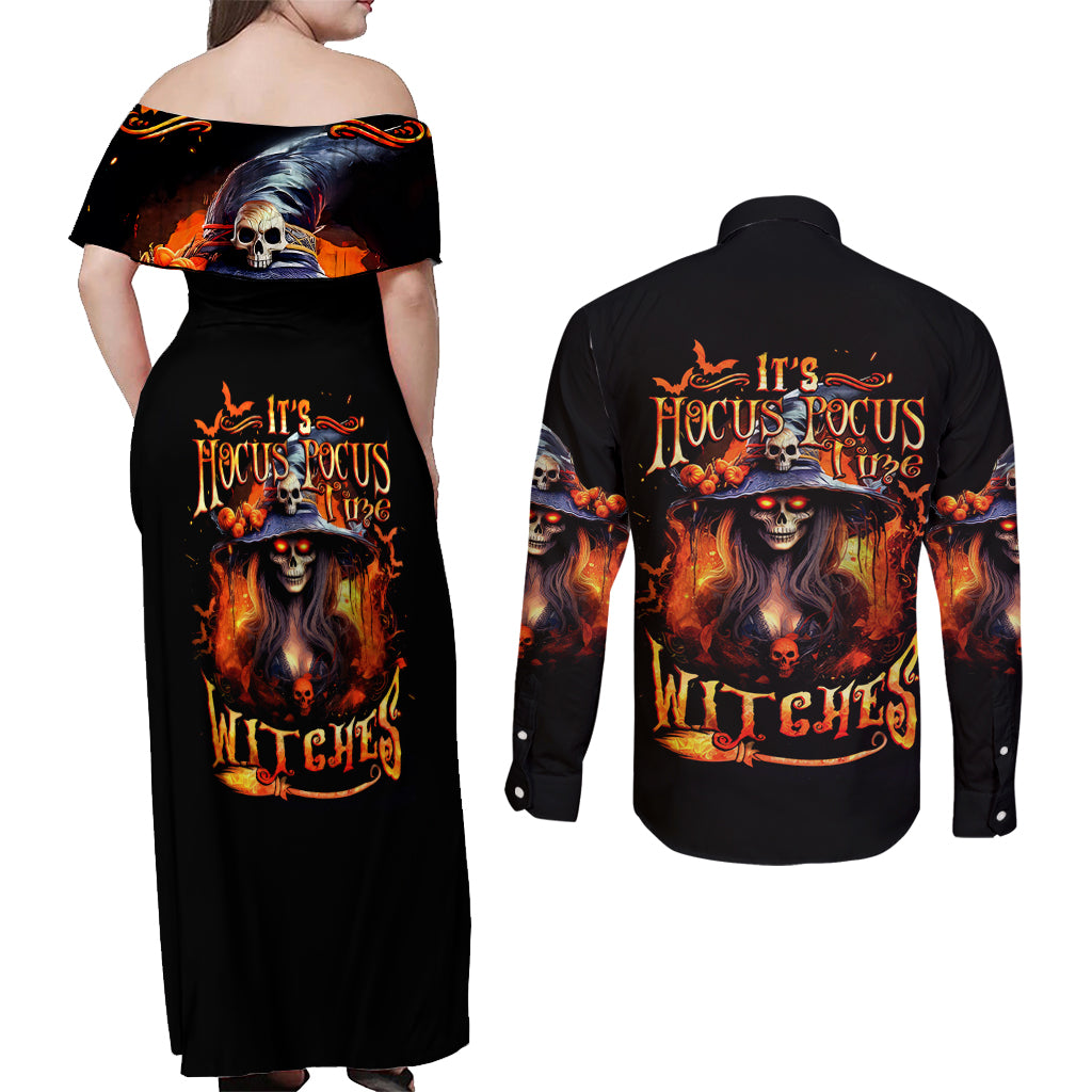 Witch Skull Couples Matching Off Shoulder Maxi Dress and Long Sleeve Button Shirt It's Hocus Pocus Time Witches - Wonder Print Shop