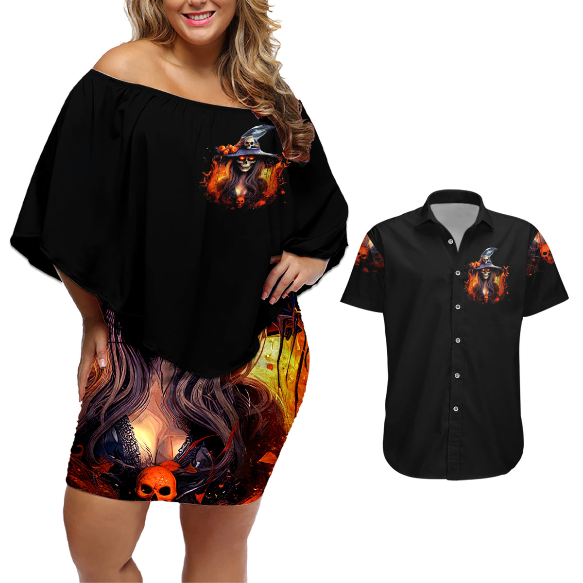 Witch Skull Couples Matching Off Shoulder Short Dress and Hawaiian Shirt It's Hocus Pocus Time Witches - Wonder Print Shop