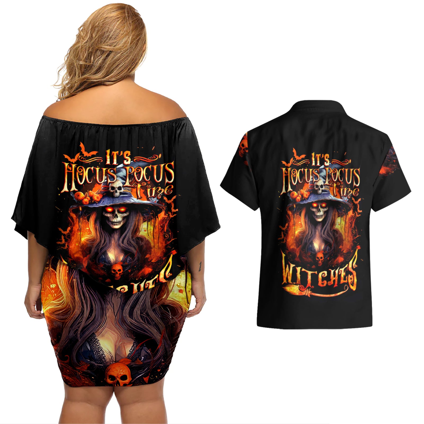 Witch Skull Couples Matching Off Shoulder Short Dress and Hawaiian Shirt It's Hocus Pocus Time Witches - Wonder Print Shop