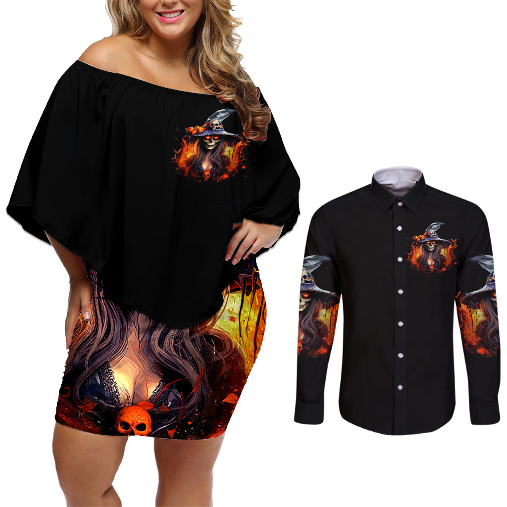 Witch Skull Couples Matching Off Shoulder Short Dress and Long Sleeve Button Shirt It's Hocus Pocus Time Witches - Wonder Print Shop