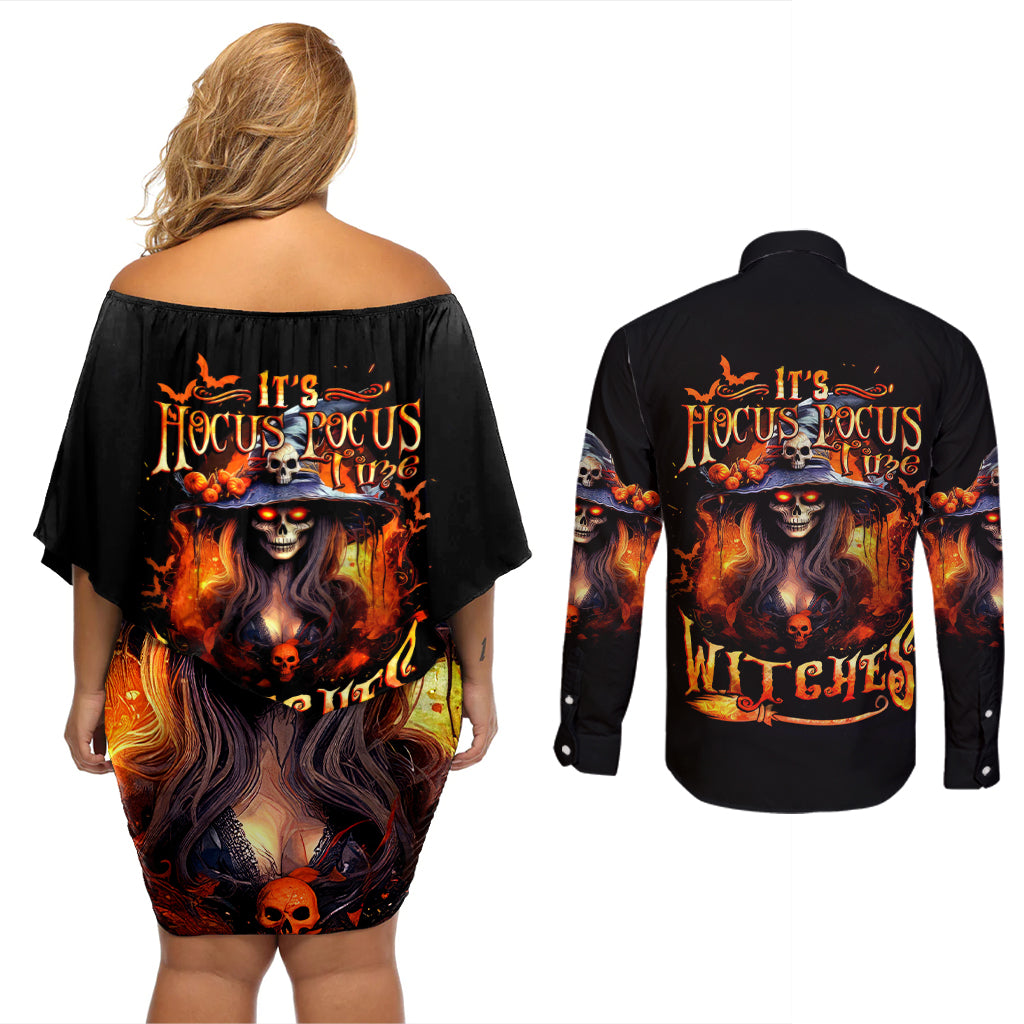 Witch Skull Couples Matching Off Shoulder Short Dress and Long Sleeve Button Shirt It's Hocus Pocus Time Witches - Wonder Print Shop