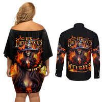 Witch Skull Couples Matching Off Shoulder Short Dress and Long Sleeve Button Shirt It's Hocus Pocus Time Witches - Wonder Print Shop