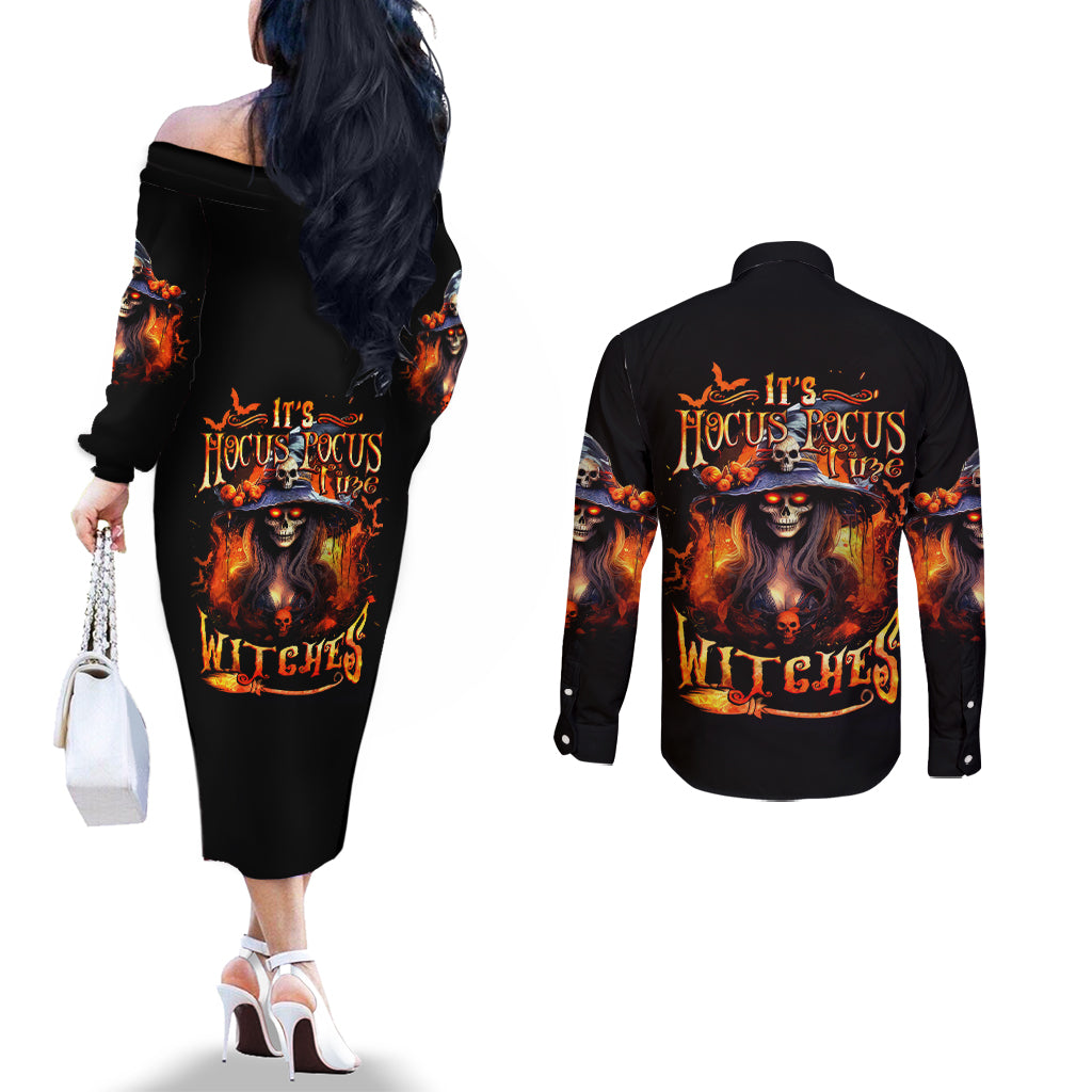 Witch Skull Couples Matching Off The Shoulder Long Sleeve Dress and Long Sleeve Button Shirt It's Hocus Pocus Time Witches DT01