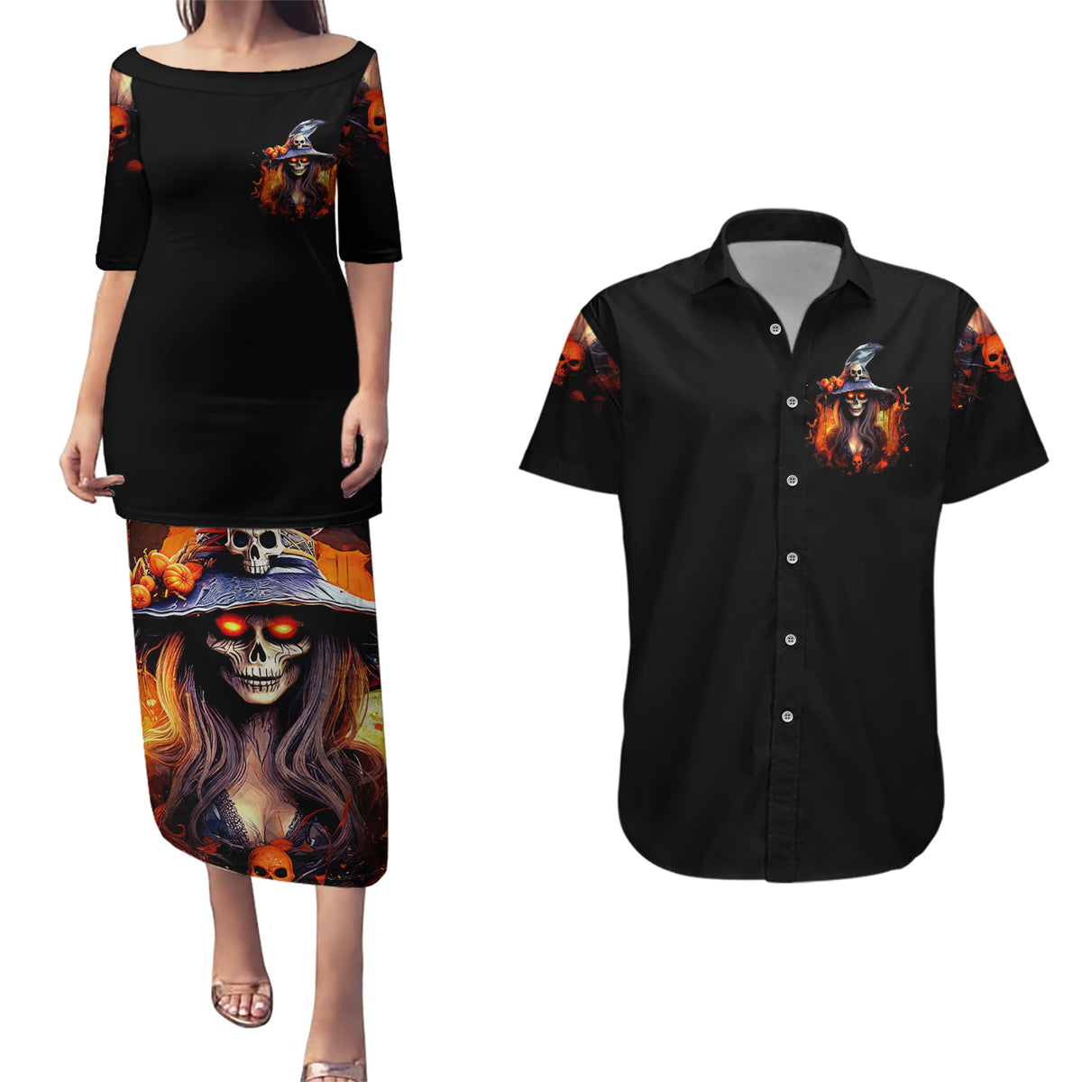 Witch Skull Couples Matching Puletasi Dress and Hawaiian Shirt It's Hocus Pocus Time Witches - Wonder Print Shop