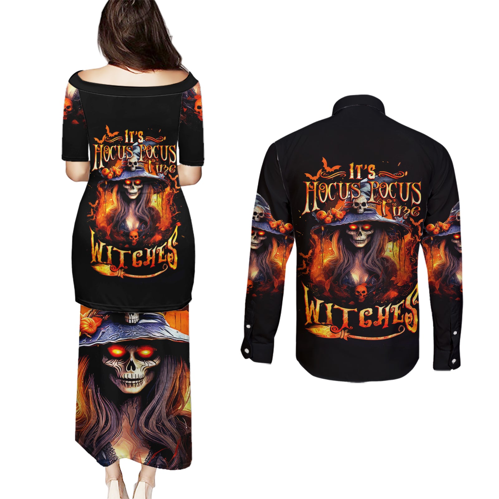 Witch Skull Couples Matching Puletasi Dress and Long Sleeve Button Shirt It's Hocus Pocus Time Witches - Wonder Print Shop