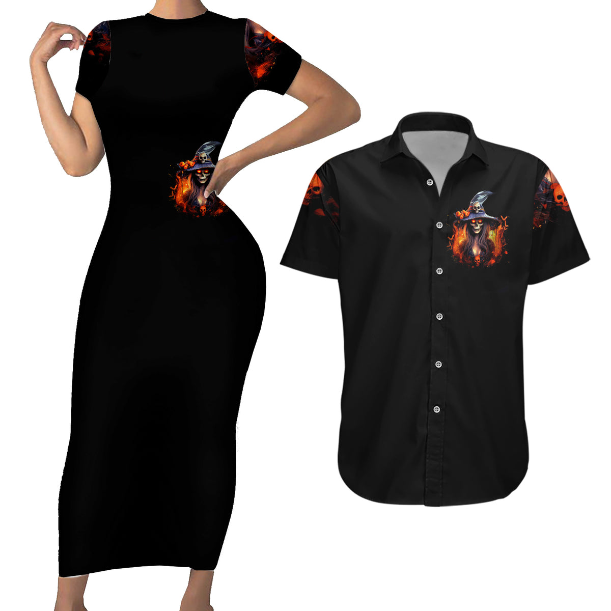Witch Skull Couples Matching Short Sleeve Bodycon Dress and Hawaiian Shirt It's Hocus Pocus Time Witches - Wonder Print Shop