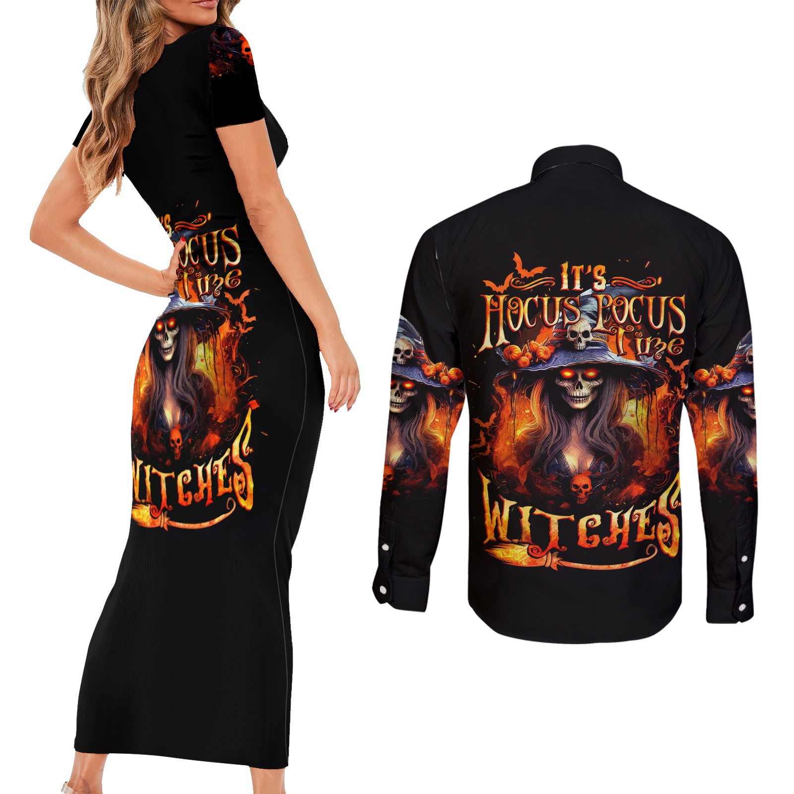 Witch Skull Couples Matching Short Sleeve Bodycon Dress and Long Sleeve Button Shirt It's Hocus Pocus Time Witches - Wonder Print Shop