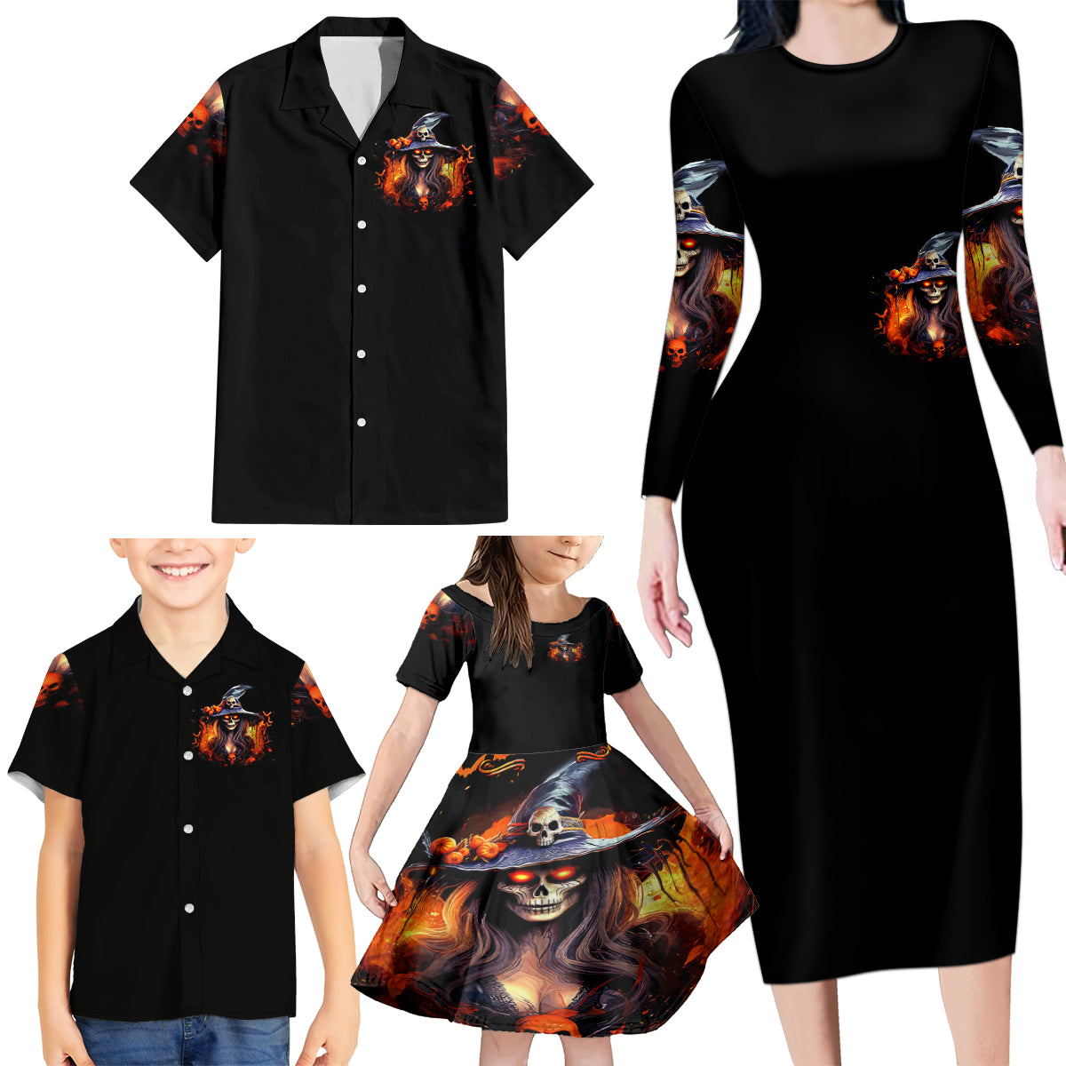 Witch Skull Family Matching Long Sleeve Bodycon Dress and Hawaiian Shirt It's Hocus Pocus Time Witches - Wonder Print Shop