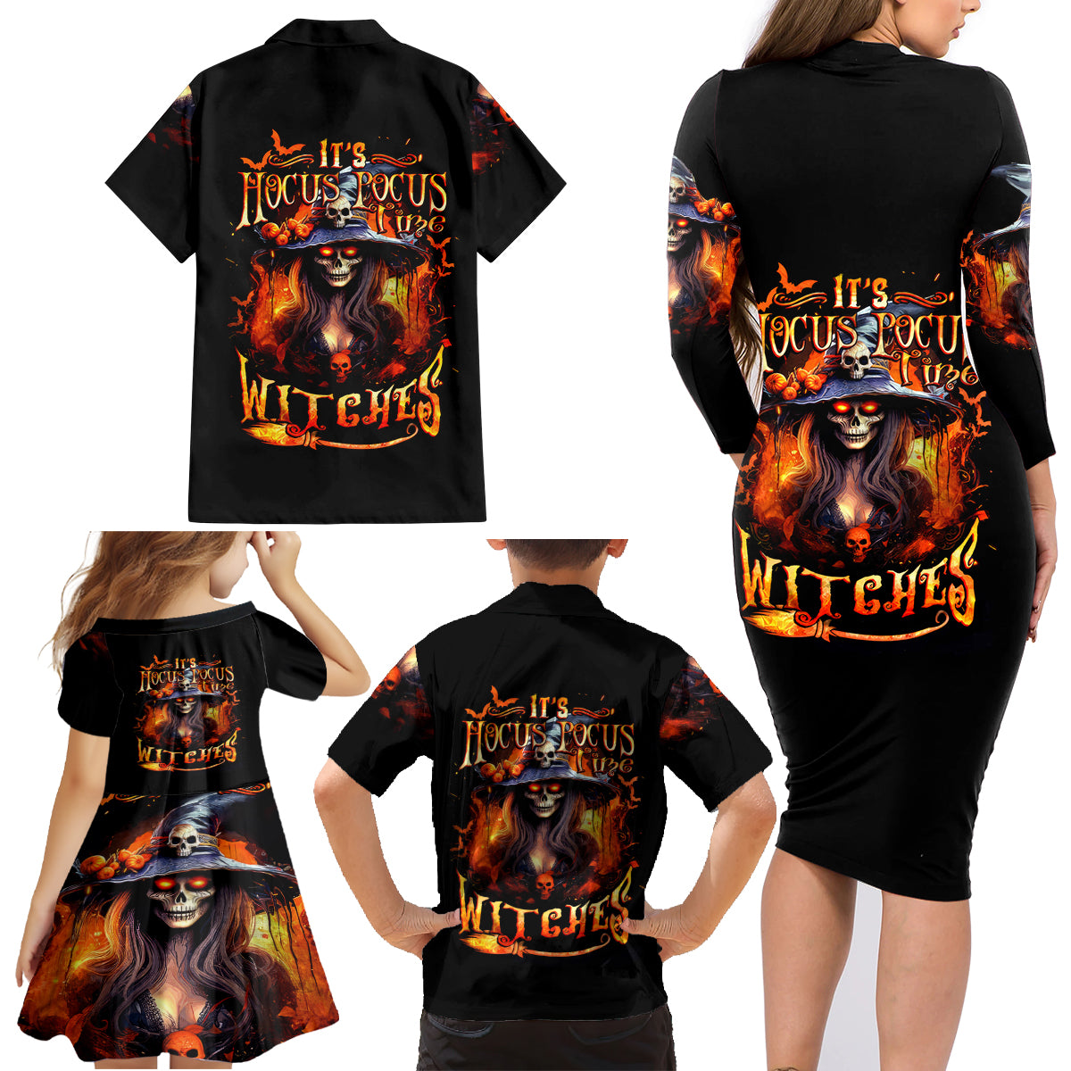 Witch Skull Family Matching Long Sleeve Bodycon Dress and Hawaiian Shirt It's Hocus Pocus Time Witches - Wonder Print Shop