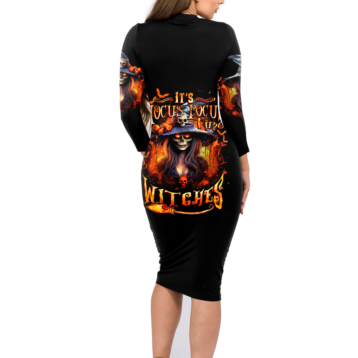Witch Skull Family Matching Long Sleeve Bodycon Dress and Hawaiian Shirt It's Hocus Pocus Time Witches - Wonder Print Shop