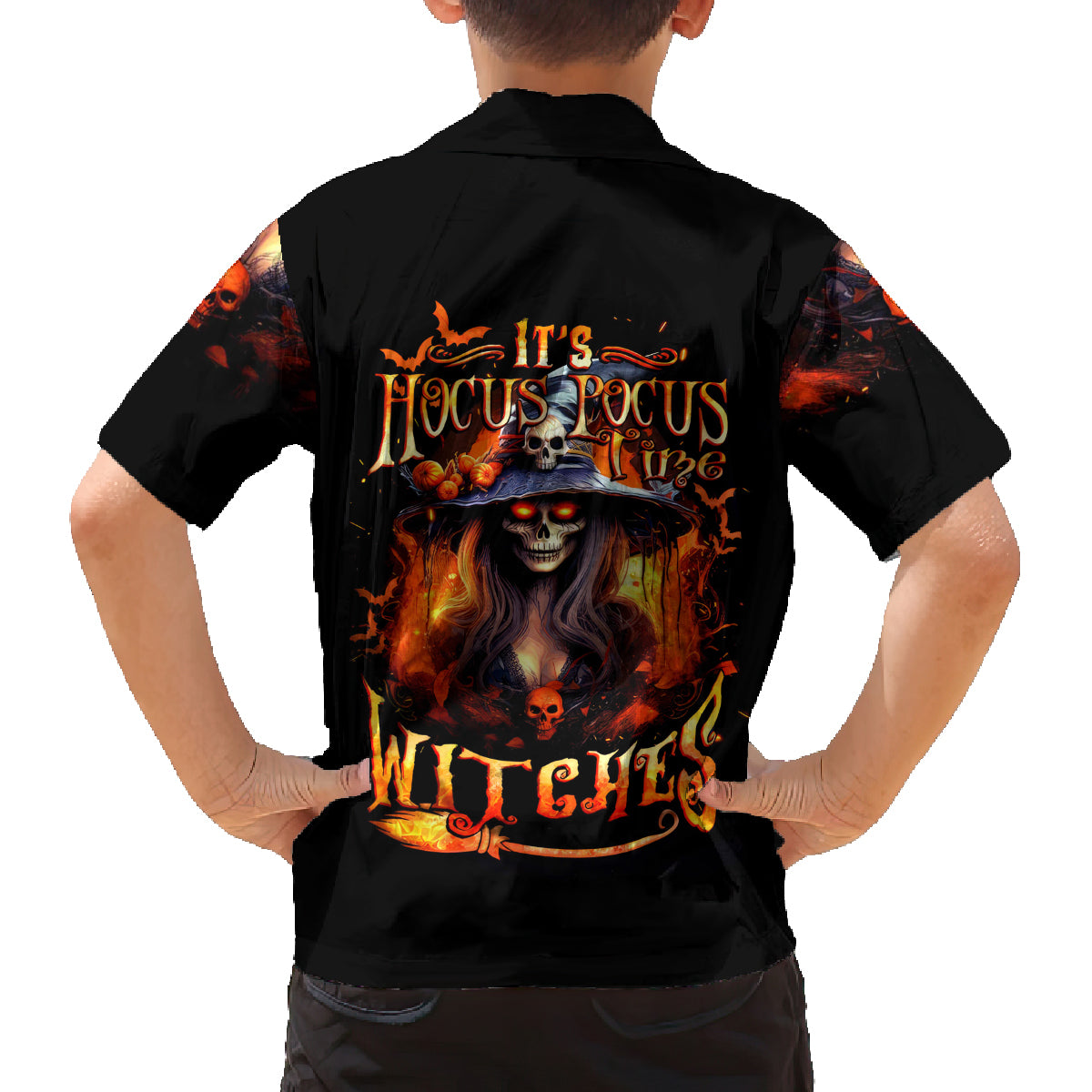 Witch Skull Family Matching Off Shoulder Long Sleeve Dress and Hawaiian Shirt It's Hocus Pocus Time Witches - Wonder Print Shop