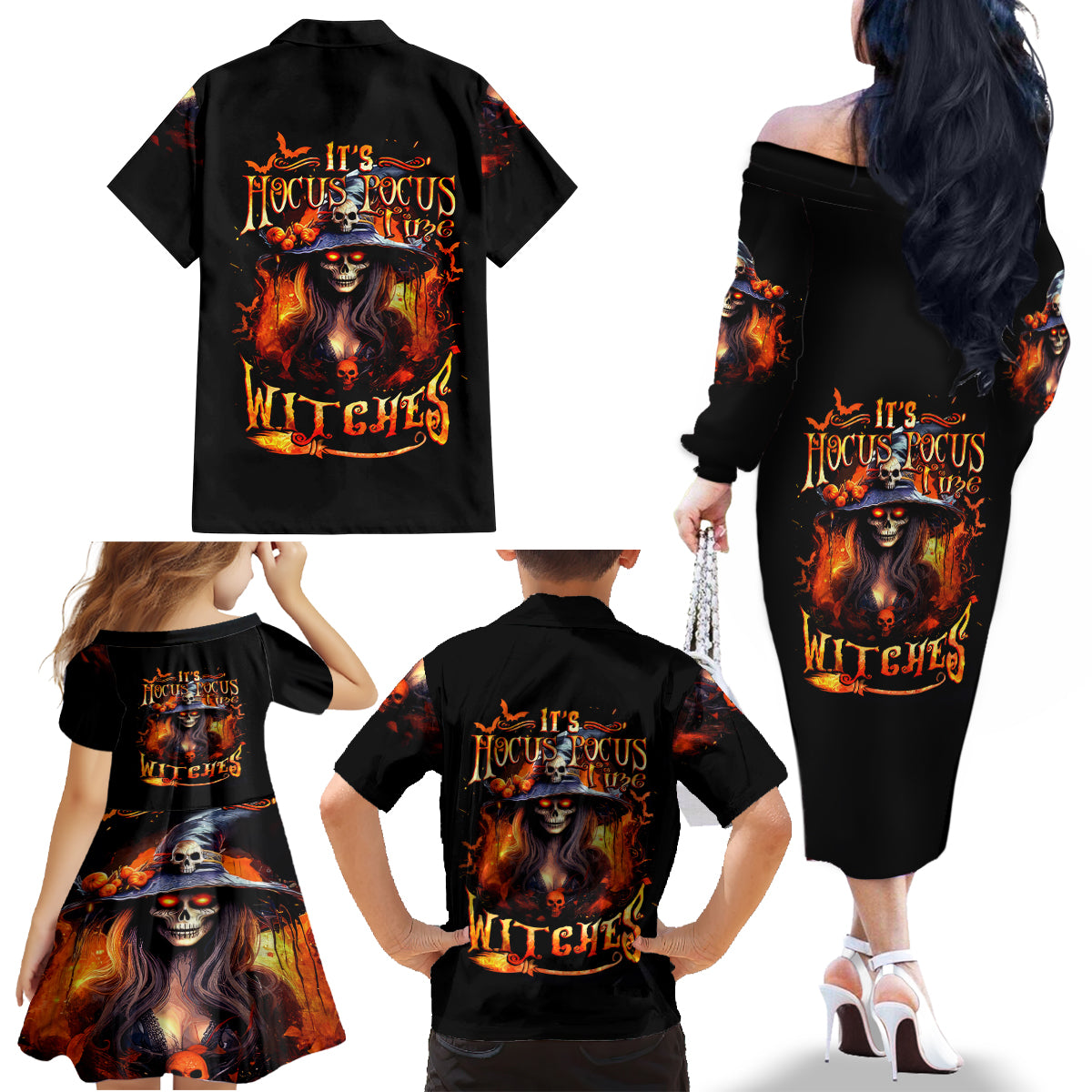 Witch Skull Family Matching Off Shoulder Long Sleeve Dress and Hawaiian Shirt It's Hocus Pocus Time Witches - Wonder Print Shop