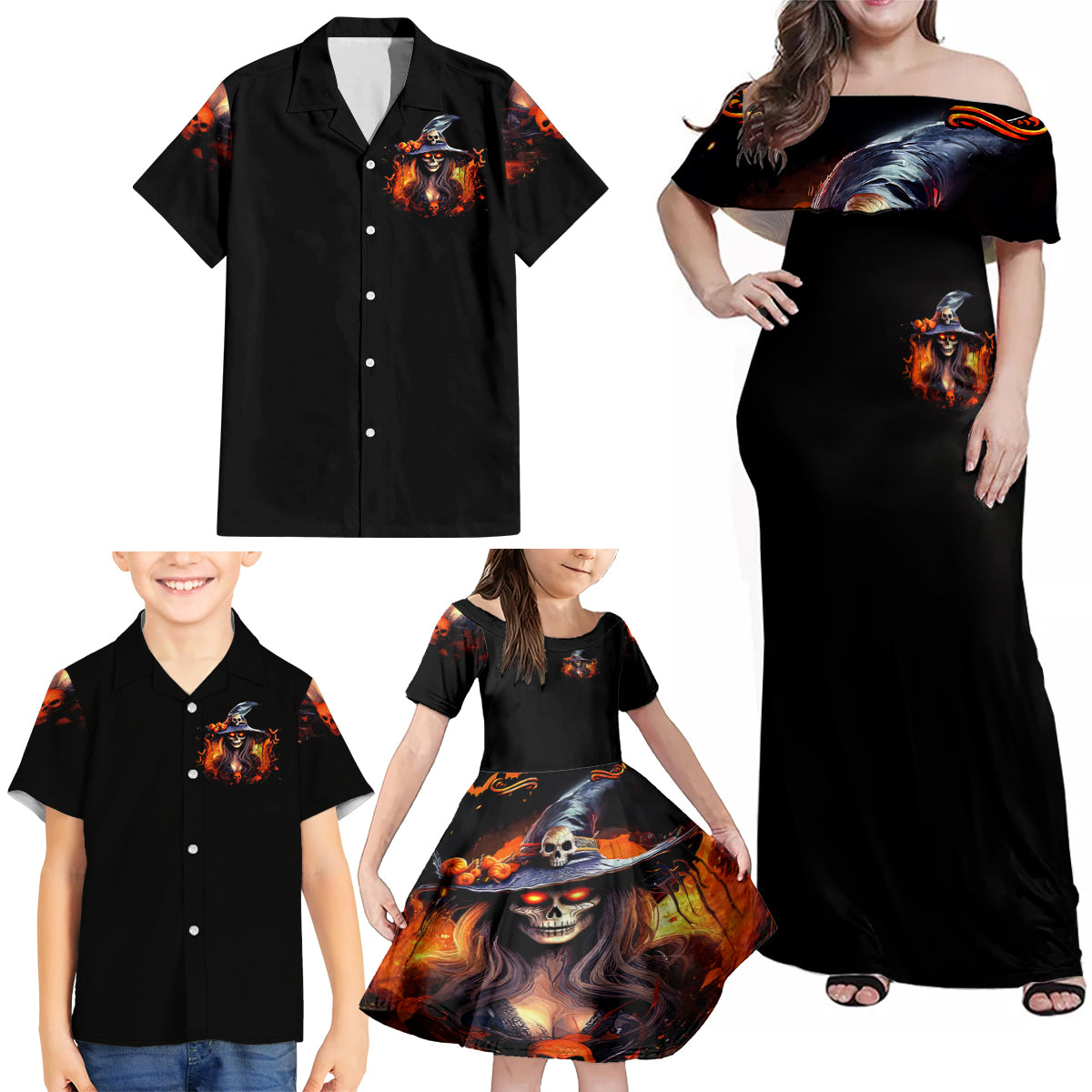 Witch Skull Family Matching Off Shoulder Maxi Dress and Hawaiian Shirt It's Hocus Pocus Time Witches - Wonder Print Shop