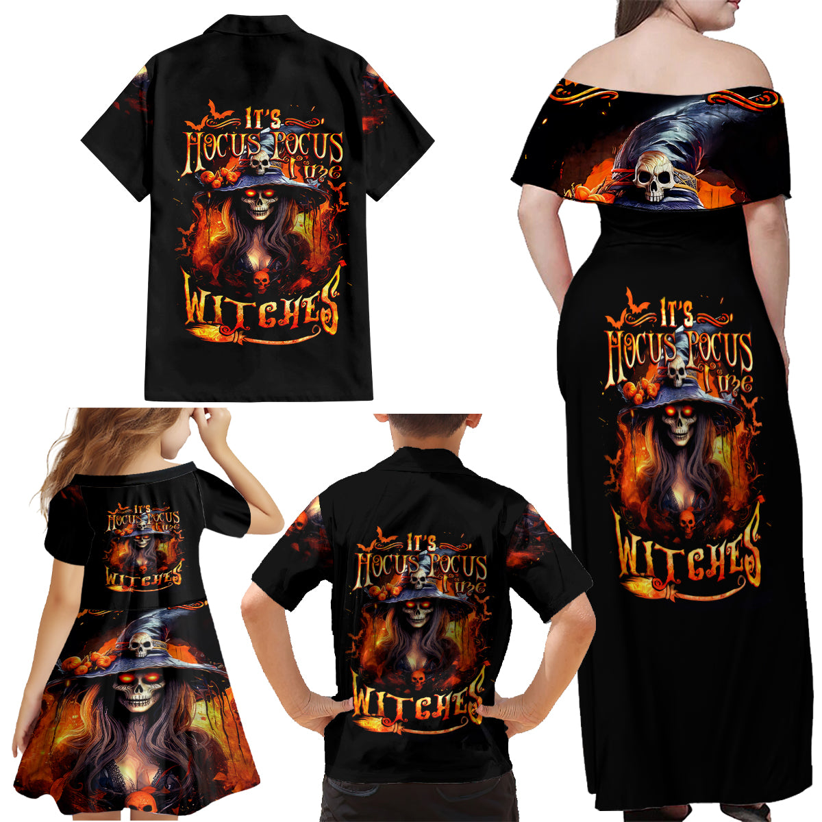 Witch Skull Family Matching Off Shoulder Maxi Dress and Hawaiian Shirt It's Hocus Pocus Time Witches - Wonder Print Shop