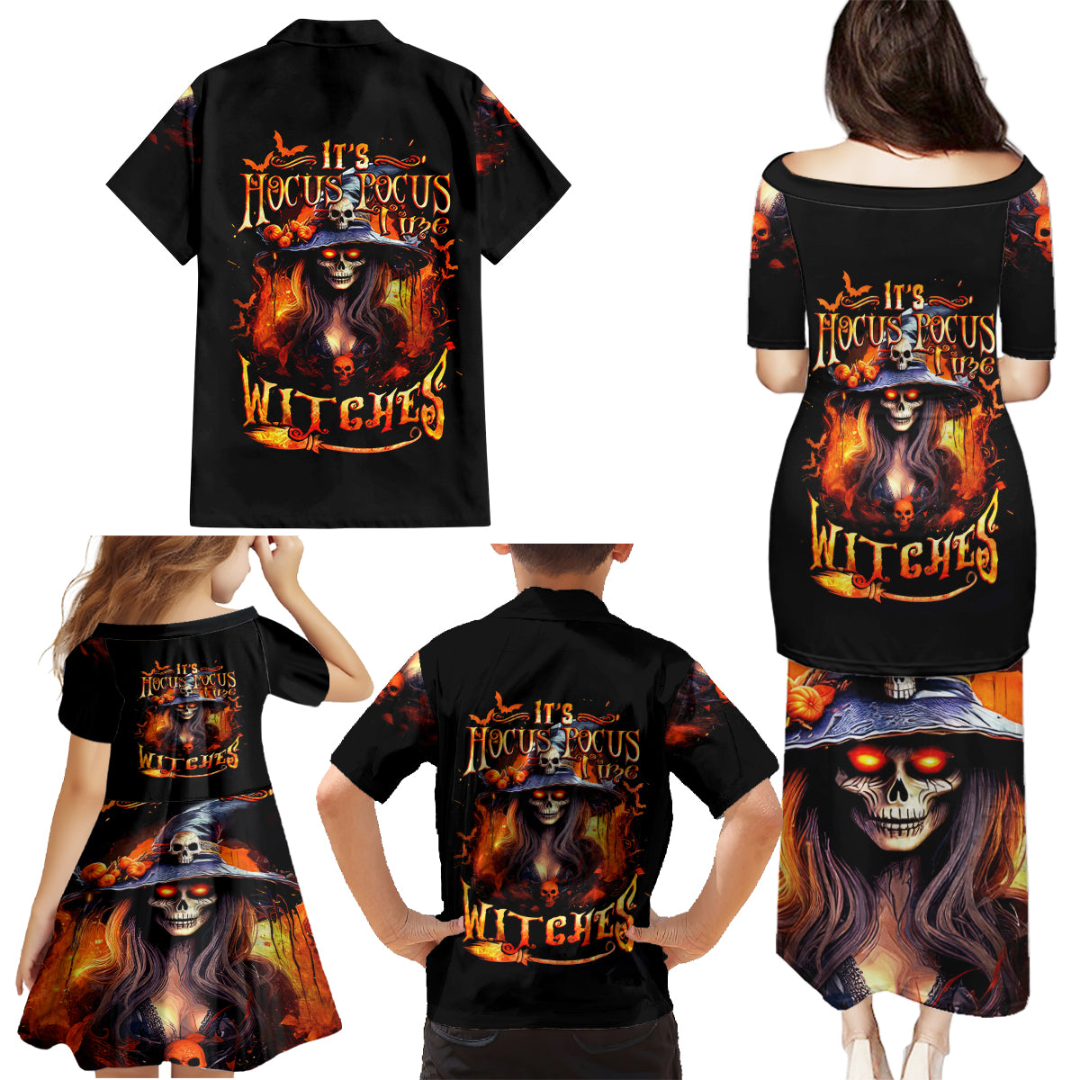 Witch Skull Family Matching Puletasi Dress and Hawaiian Shirt It's Hocus Pocus Time Witches - Wonder Print Shop