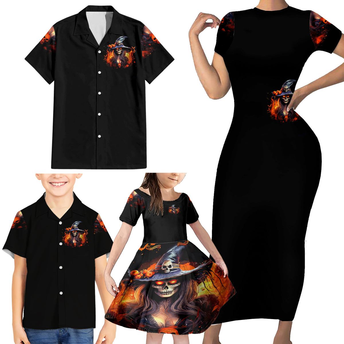 Witch Skull Family Matching Short Sleeve Bodycon Dress and Hawaiian Shirt It's Hocus Pocus Time Witches - Wonder Print Shop