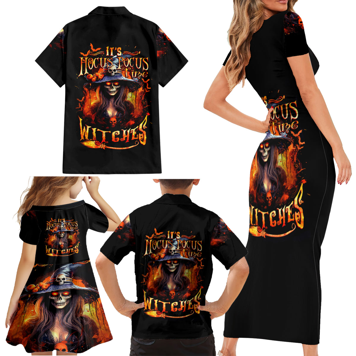 Witch Skull Family Matching Short Sleeve Bodycon Dress and Hawaiian Shirt It's Hocus Pocus Time Witches - Wonder Print Shop